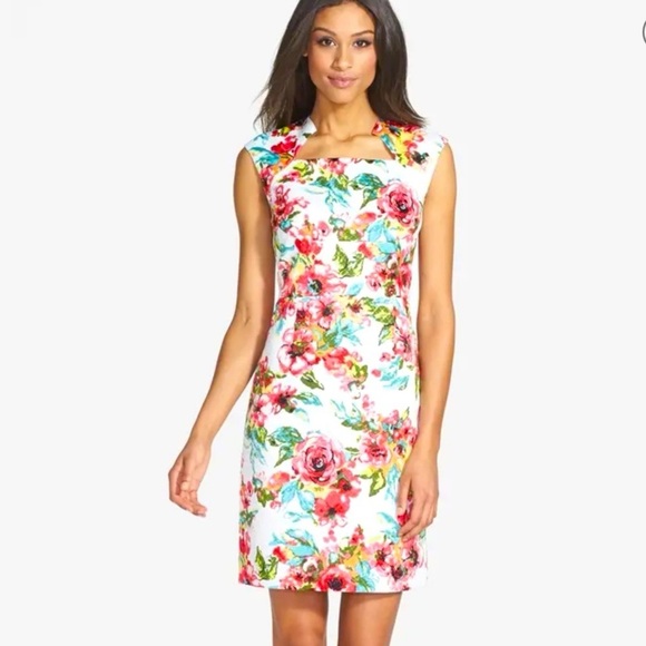 Tahari Floral Textured Jacquard Sheath Dress White Pink Red 14 Large NWT - Picture 1 of 11